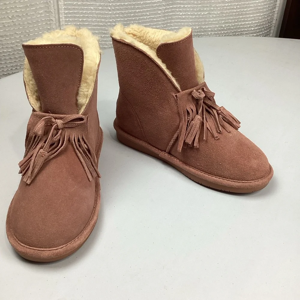 Bearpaw Christie Wide Suede Sheepskin Pink Winter Ankle Boots Booties
